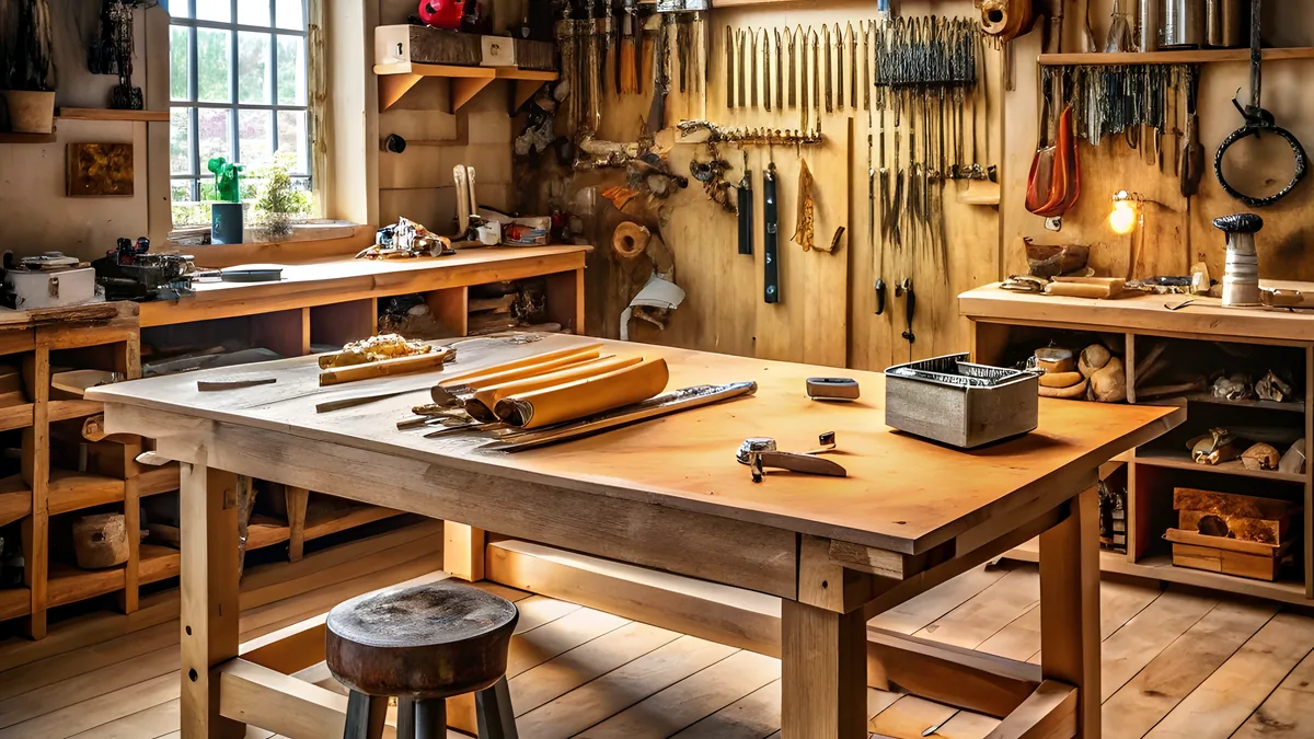 A small workshop bench with tools laid out in order, a lamp casting a tight circle of light.