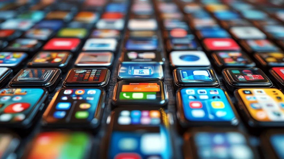 A screen showing a neat grid of small app icons, fingers swiping a new page into view.
