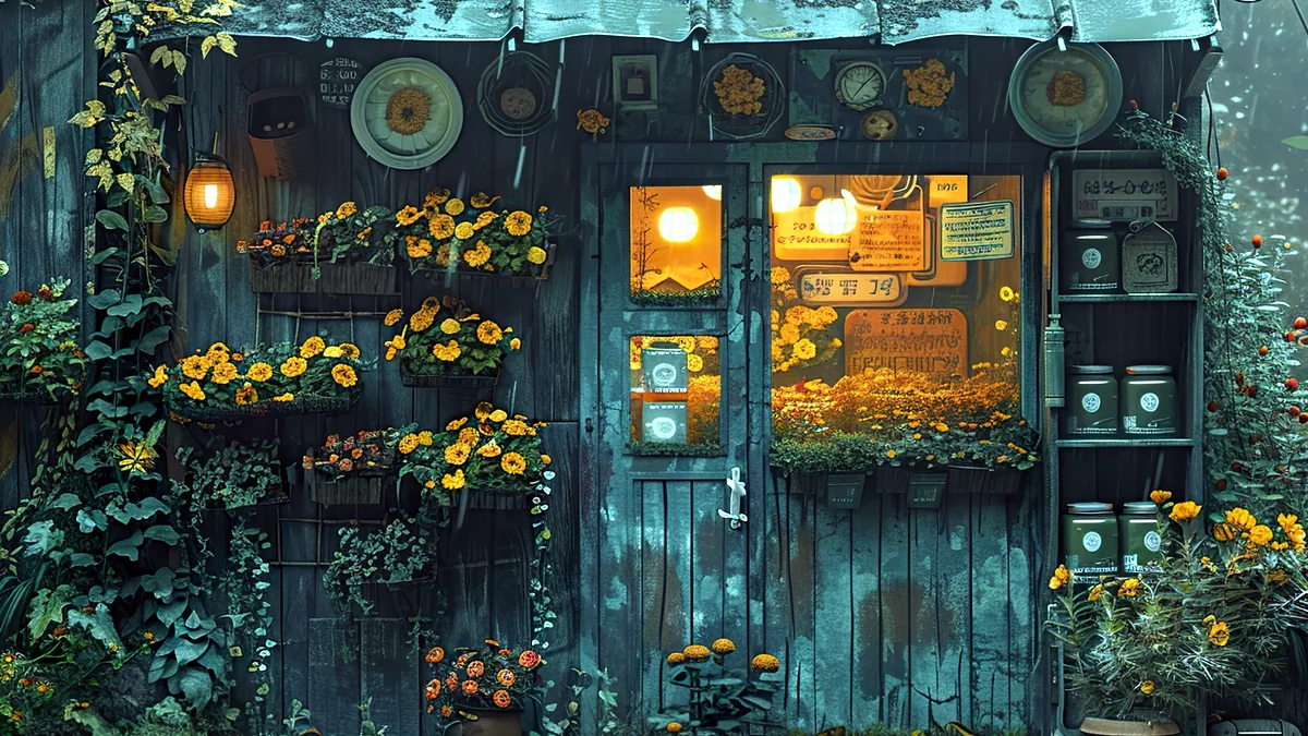 An old storefront with a warm light in its window, a small sign glowing above the door.